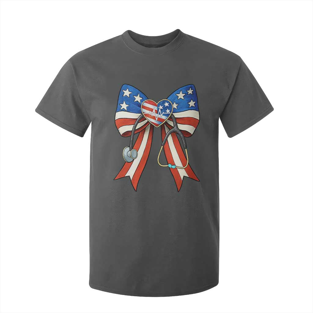 Funny 4th Of July Nurse American Flag Coquette Bow T Shirt For Kid TS11 Dark Heather Print Your Wear