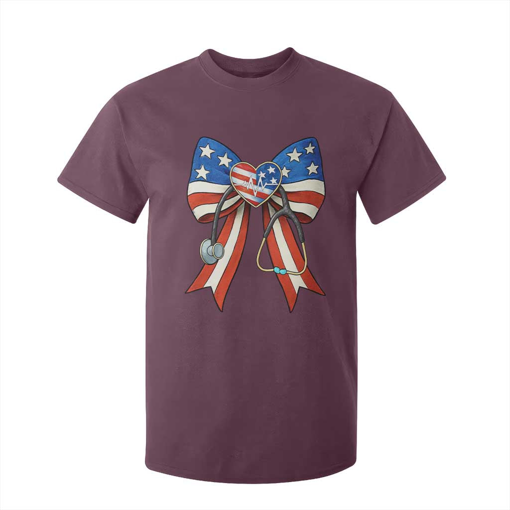 Funny 4th Of July Nurse American Flag Coquette Bow T Shirt For Kid TS11 Maroon Print Your Wear
