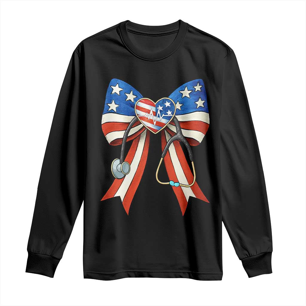 Funny 4th Of July Nurse American Flag Coquette Bow Long Sleeve Shirt TS11 Black Print Your Wear