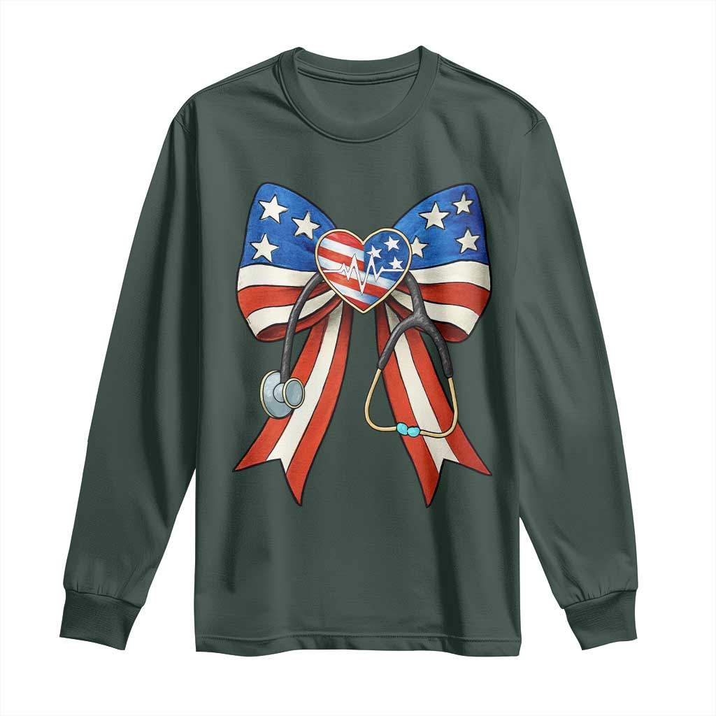 Funny 4th Of July Nurse American Flag Coquette Bow Long Sleeve Shirt TS11 Dark Forest Green Print Your Wear