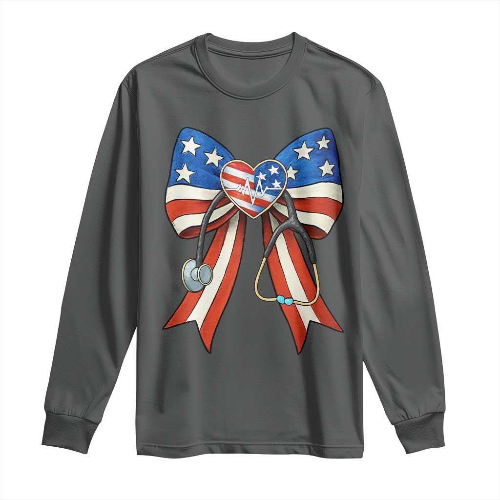 Funny 4th Of July Nurse American Flag Coquette Bow Long Sleeve Shirt TS11 Dark Heather Print Your Wear