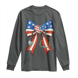 Funny 4th Of July Nurse American Flag Coquette Bow Long Sleeve Shirt TS11 Dark Heather Print Your Wear
