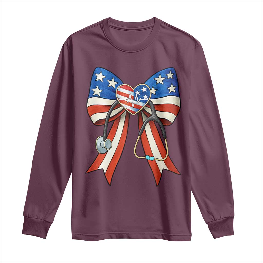 Funny 4th Of July Nurse American Flag Coquette Bow Long Sleeve Shirt TS11 Maroon Print Your Wear