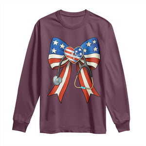 Funny 4th Of July Nurse American Flag Coquette Bow Long Sleeve Shirt TS11 Maroon Print Your Wear