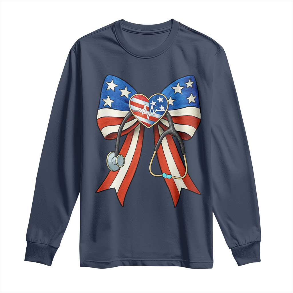 Funny 4th Of July Nurse American Flag Coquette Bow Long Sleeve Shirt TS11 Navy Print Your Wear