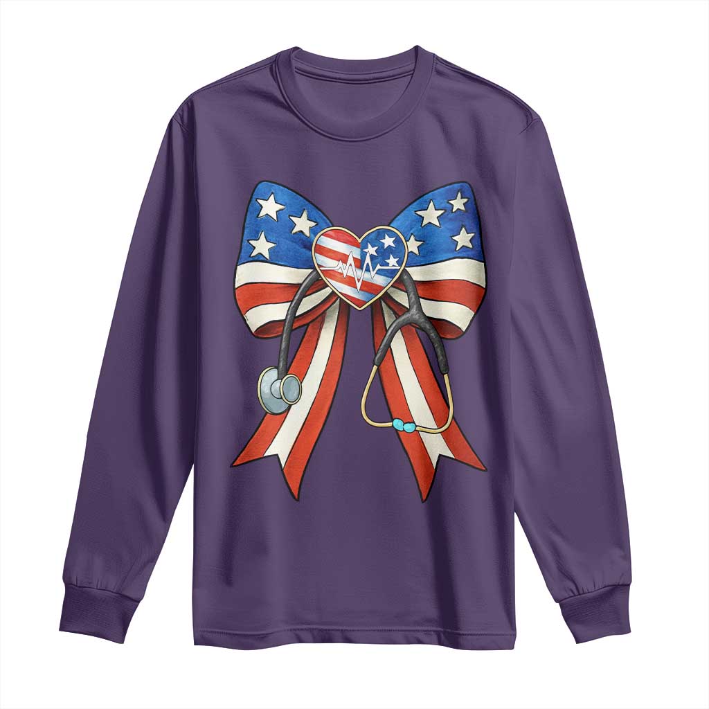 Funny 4th Of July Nurse American Flag Coquette Bow Long Sleeve Shirt TS11 Purple Print Your Wear