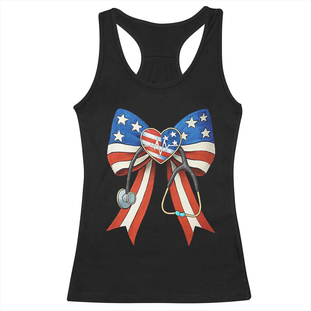 Funny 4th Of July Nurse American Flag Coquette Bow Racerback Tank Top TS11 Black Print Your Wear