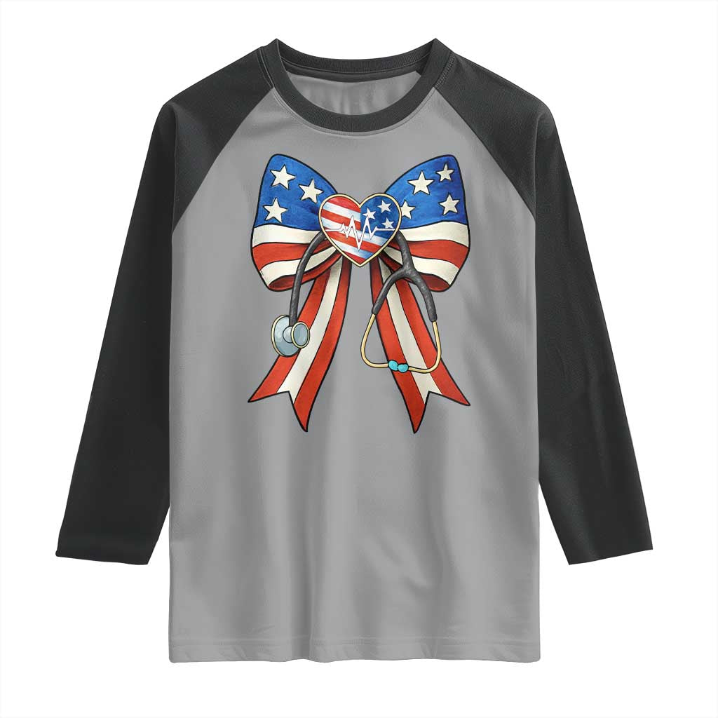 Funny 4th Of July Nurse American Flag Coquette Bow Raglan Shirt TS11 Sport Gray Black Print Your Wear