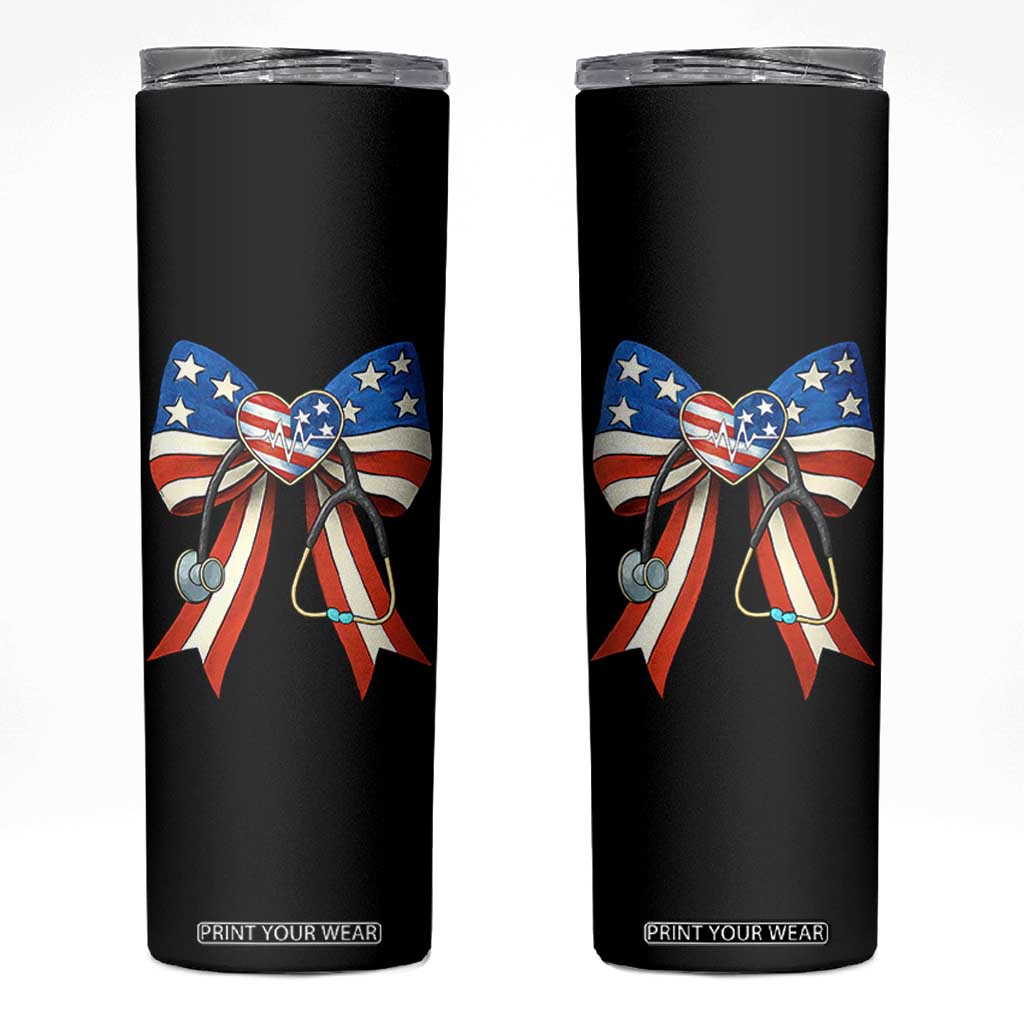 Funny 4th Of July Nurse American Flag Coquette Bow Skinny Tumbler TS11 Black Print Your Wear