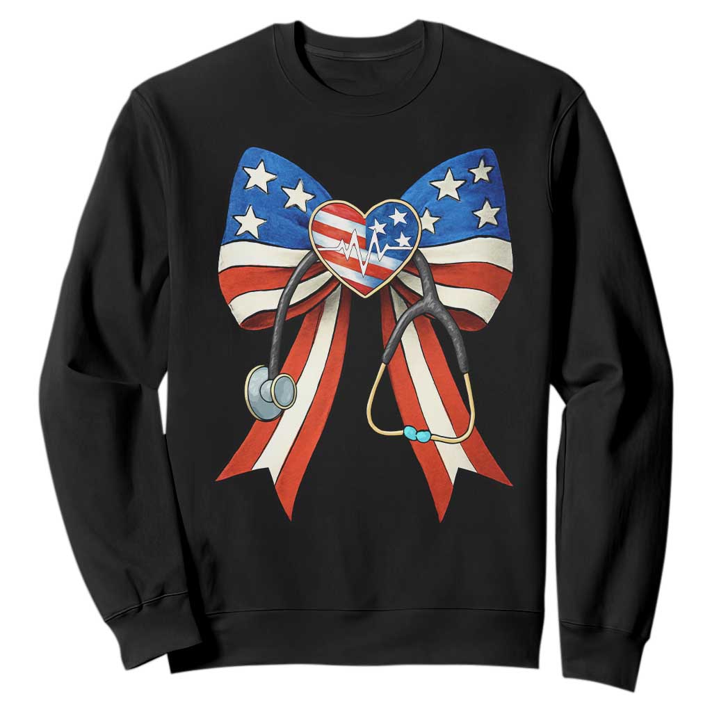 Funny 4th Of July Nurse American Flag Coquette Bow Sweatshirt TS11 Black Print Your Wear
