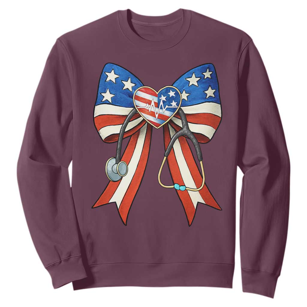 Funny 4th Of July Nurse American Flag Coquette Bow Sweatshirt TS11 Maroon Print Your Wear