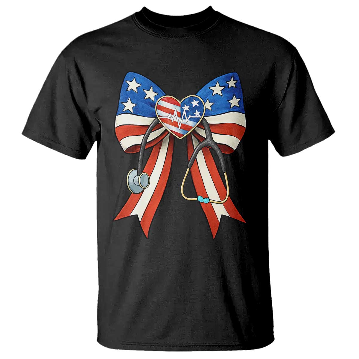 Funny 4th Of July Nurse American Flag Coquette Bow T Shirt TS11 Black Print Your Wear