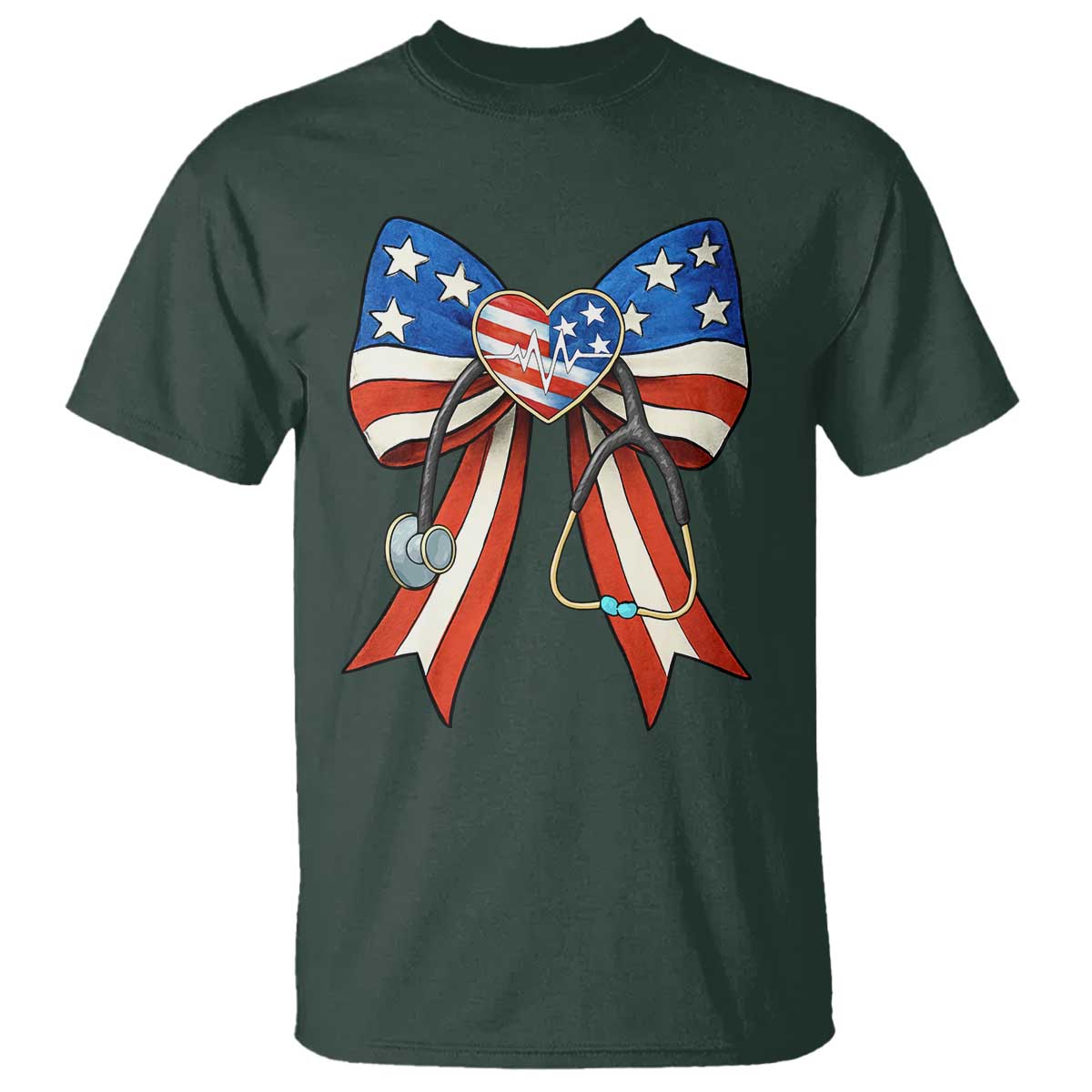 Funny 4th Of July Nurse American Flag Coquette Bow T Shirt TS11 Dark Forest Green Print Your Wear