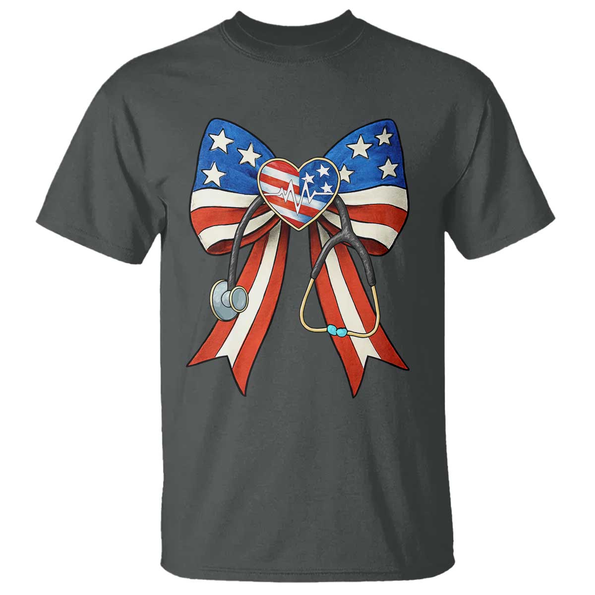 Funny 4th Of July Nurse American Flag Coquette Bow T Shirt TS11 Dark Heather Print Your Wear