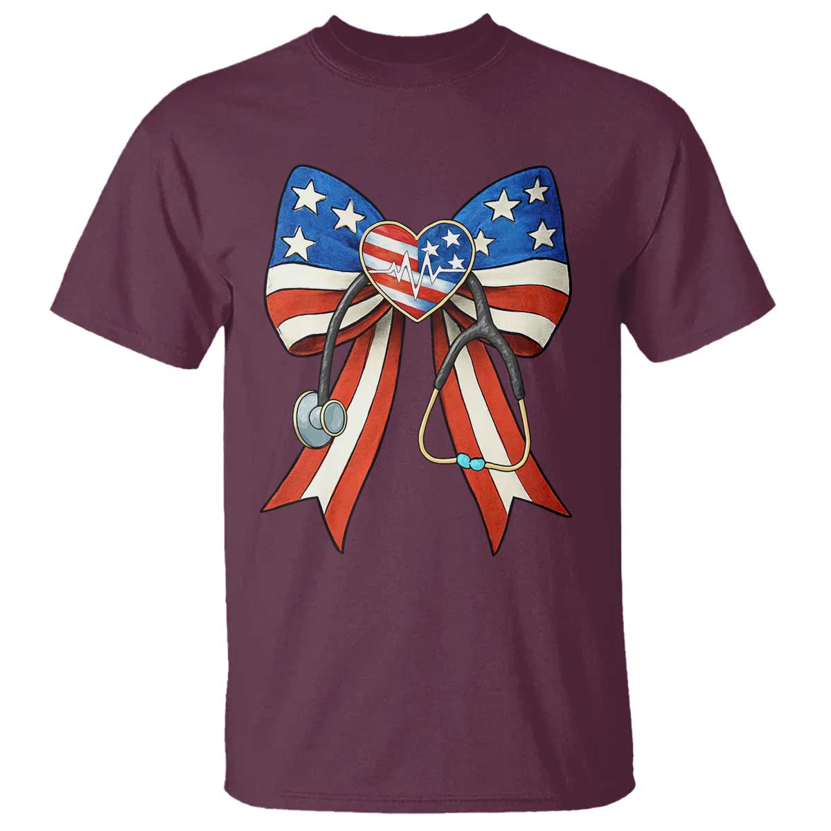 Funny 4th Of July Nurse American Flag Coquette Bow T Shirt TS11 Maroon Print Your Wear