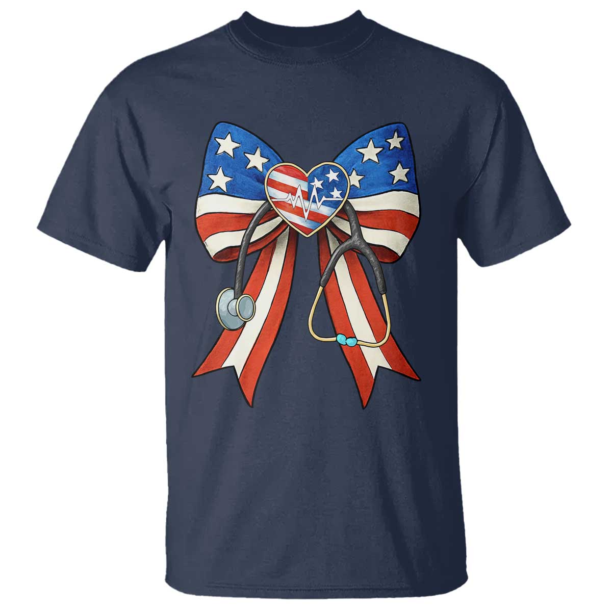 Funny 4th Of July Nurse American Flag Coquette Bow T Shirt TS11 Navy Print Your Wear
