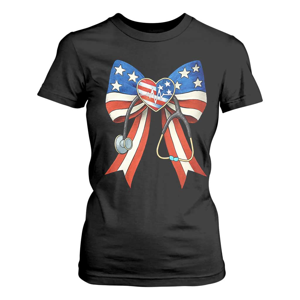Funny 4th Of July Nurse American Flag Coquette Bow T Shirt For Women TS11 Black Print Your Wear