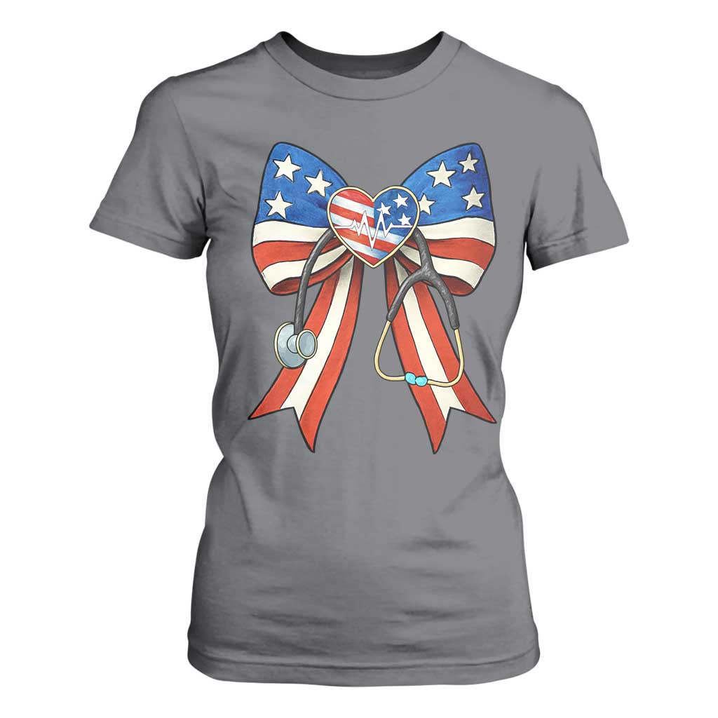 Funny 4th Of July Nurse American Flag Coquette Bow T Shirt For Women TS11 Charcoal Print Your Wear