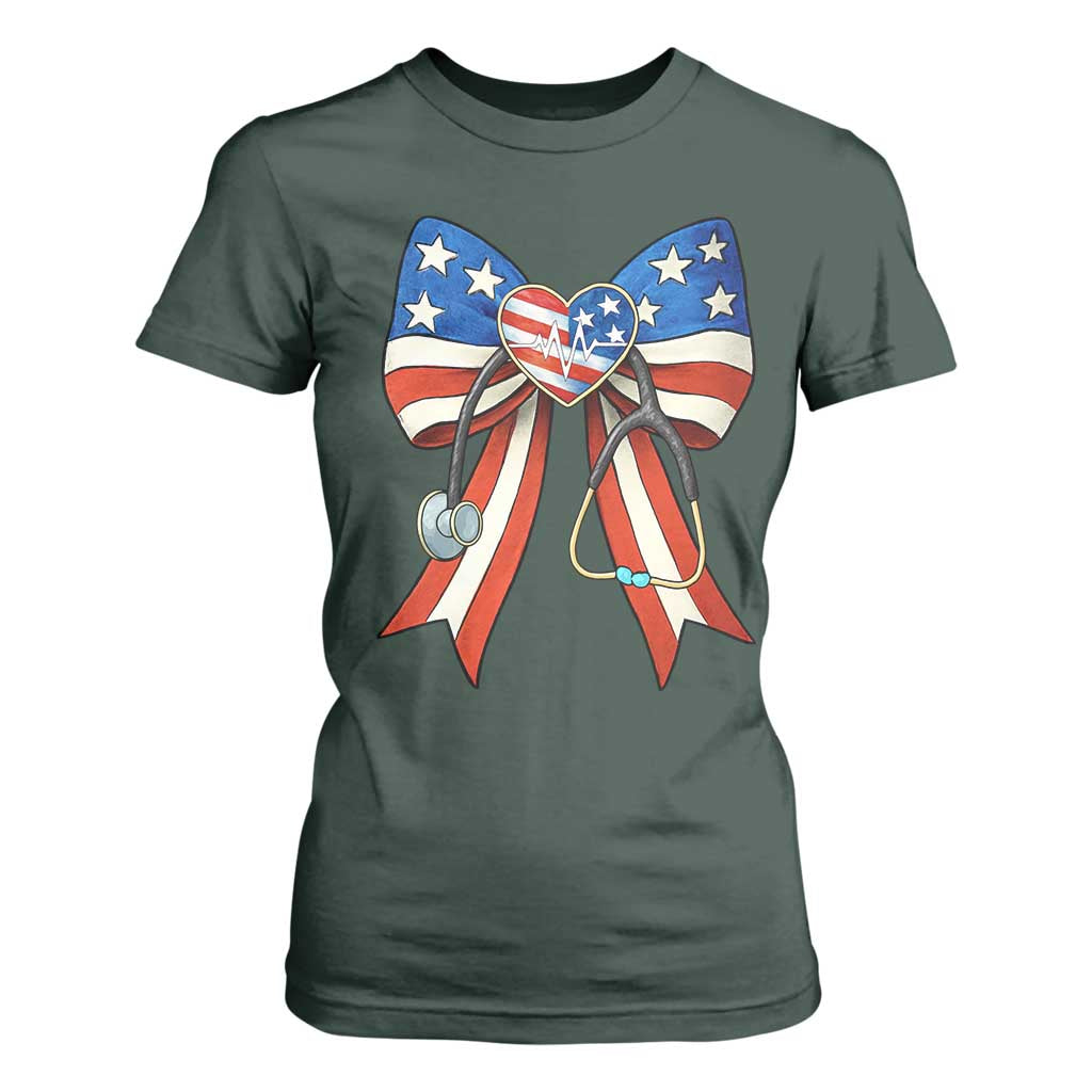Funny 4th Of July Nurse American Flag Coquette Bow T Shirt For Women TS11 Dark Forest Green Print Your Wear