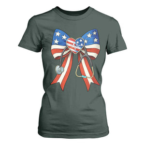 Funny 4th Of July Nurse American Flag Coquette Bow T Shirt For Women TS11 Dark Forest Green Print Your Wear
