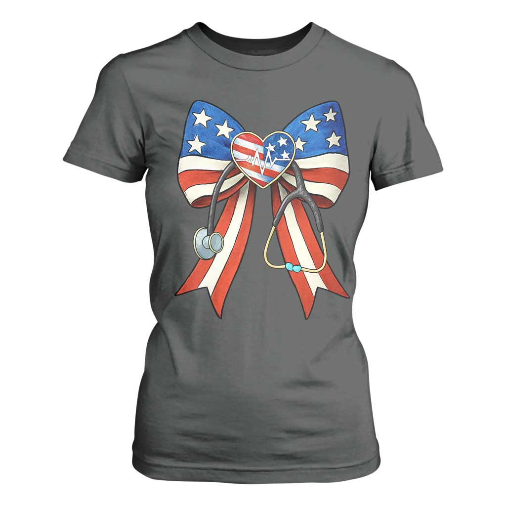 Funny 4th Of July Nurse American Flag Coquette Bow T Shirt For Women TS11 Dark Heather Print Your Wear