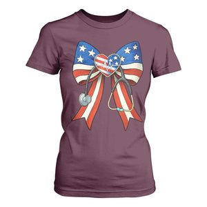 Funny 4th Of July Nurse American Flag Coquette Bow T Shirt For Women TS11 Maroon Print Your Wear