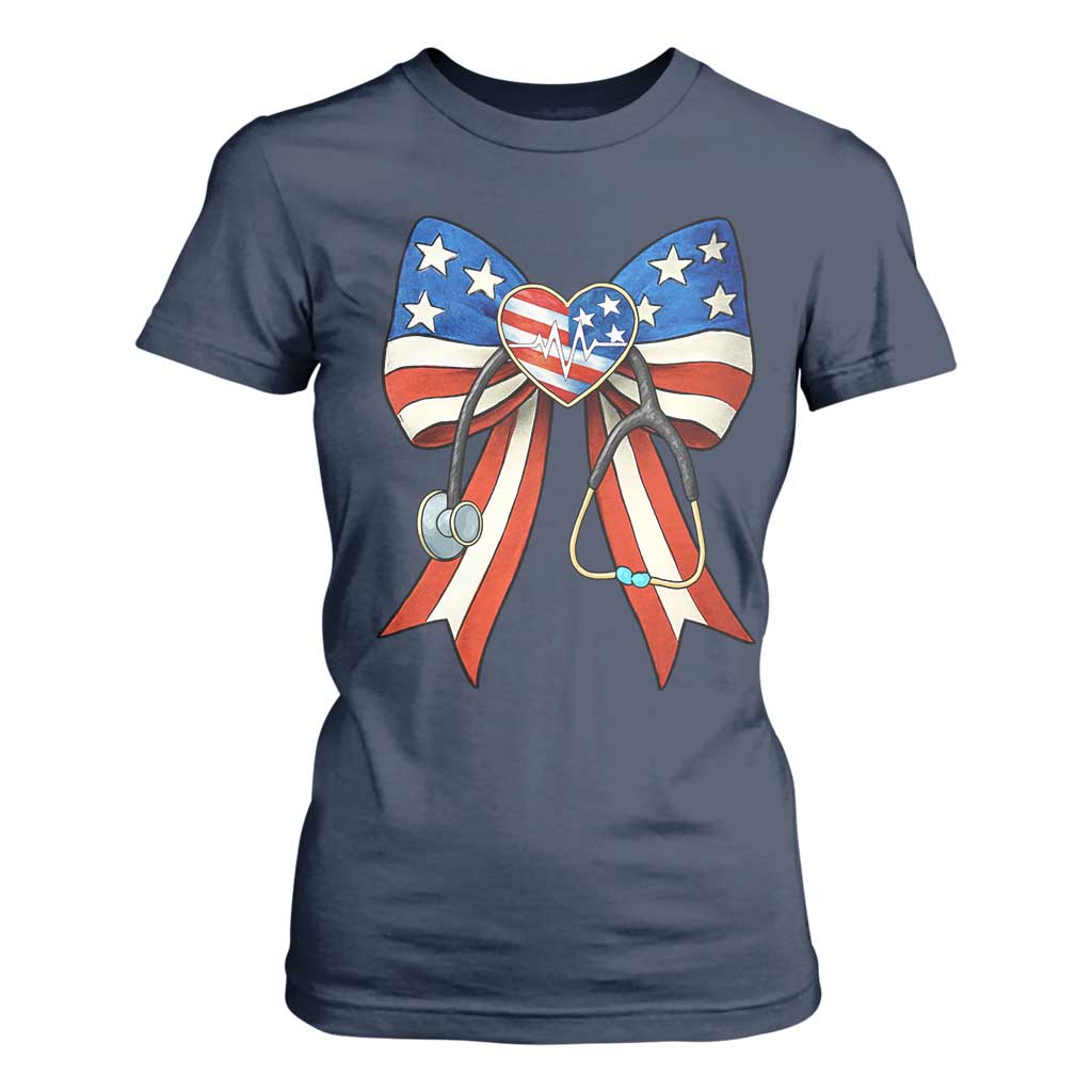Funny 4th Of July Nurse American Flag Coquette Bow T Shirt For Women TS11 Navy Print Your Wear