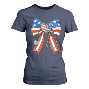 Funny 4th Of July Nurse American Flag Coquette Bow T Shirt For Women TS11 Navy Print Your Wear