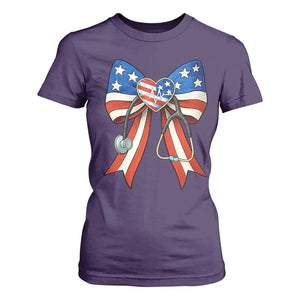 Funny 4th Of July Nurse American Flag Coquette Bow T Shirt For Women TS11 Purple Print Your Wear