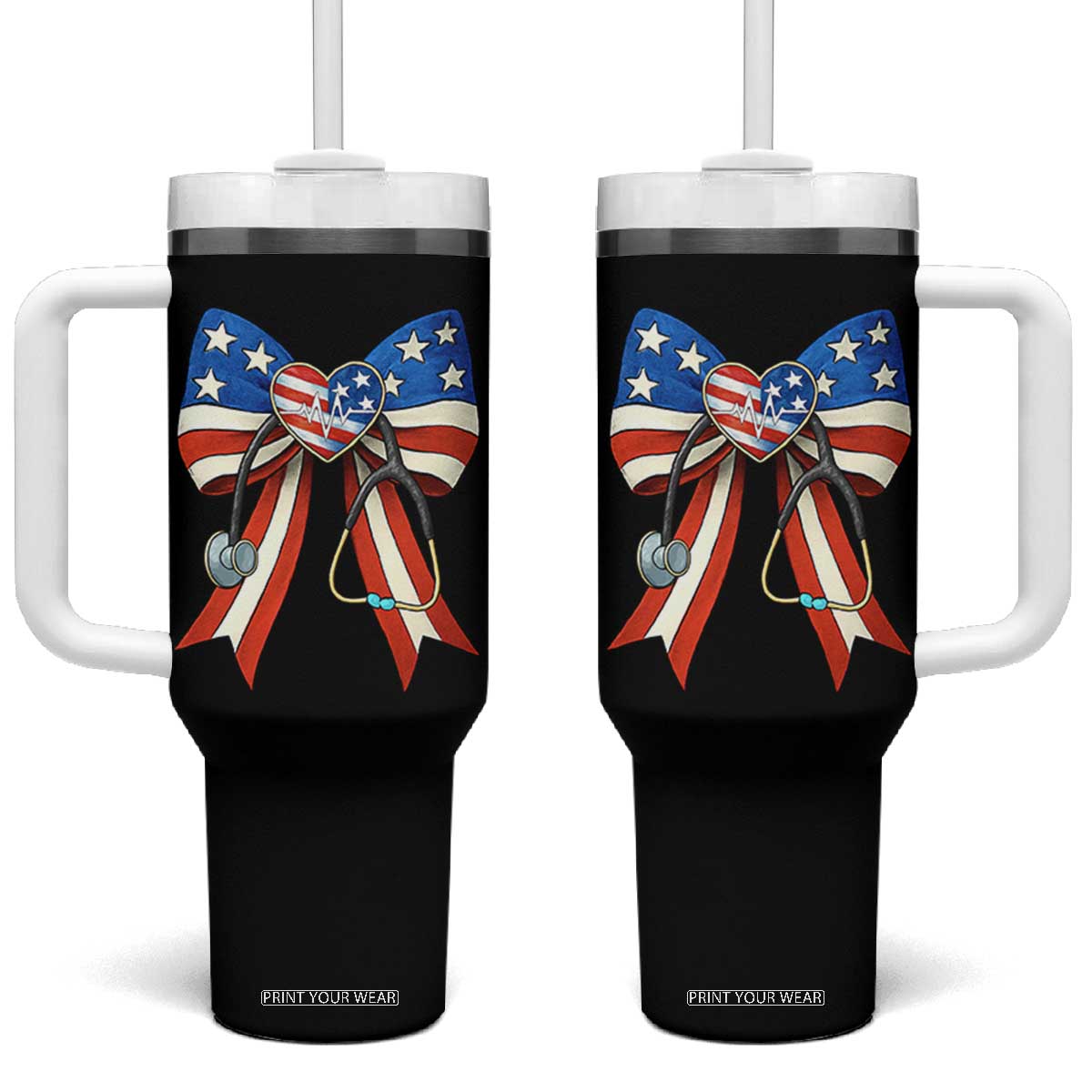 Funny 4th Of July Nurse American Flag Coquette Bow Tumbler With Handle TS11 One Size: 40 oz Black Print Your Wear