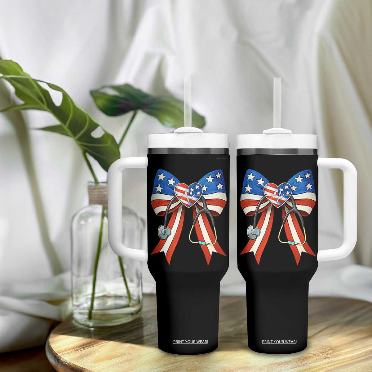 Funny 4th Of July Nurse American Flag Coquette Bow Tumbler With Handle TS11 Print Your Wear