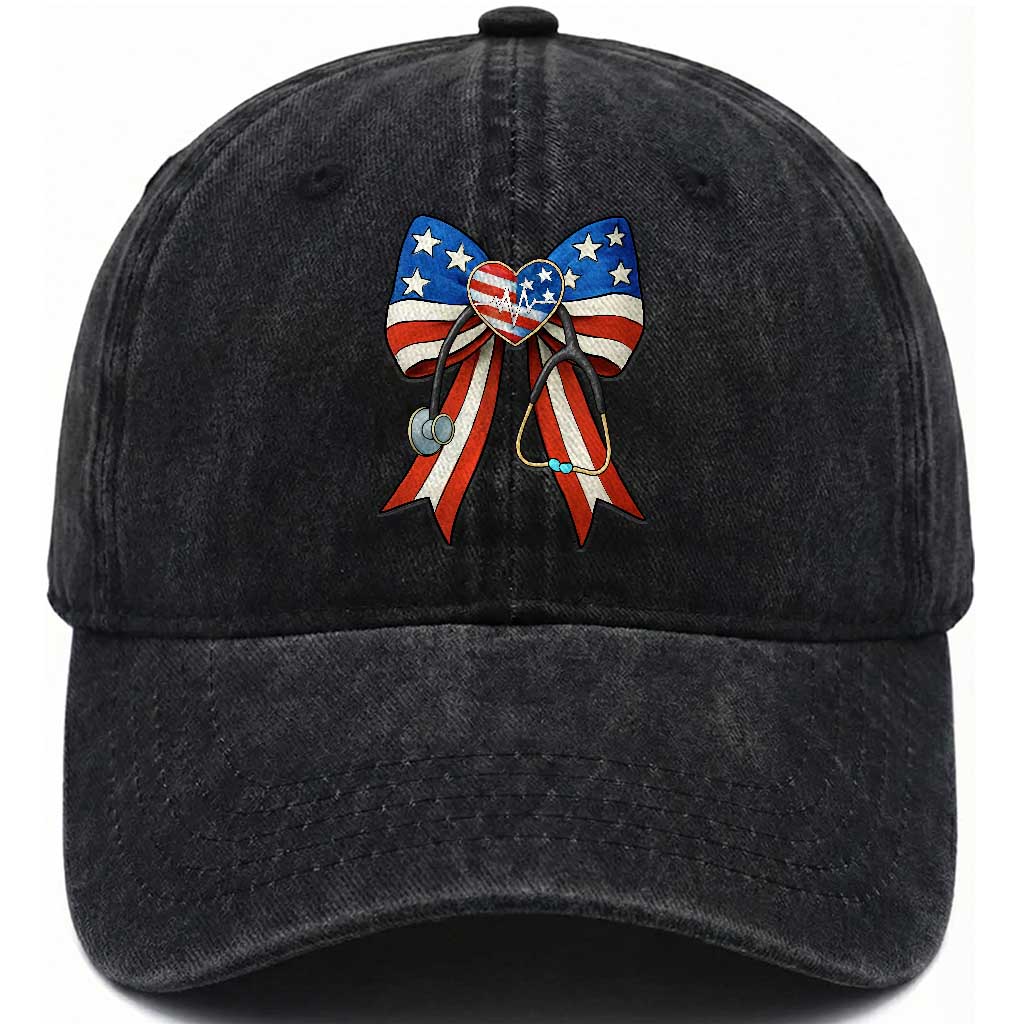 Funny 4th Of July Nurse American Flag Coquette Bow Washed Cotton Baseball Cap TS11 Washed Cap Universal Fit Black Print Your Wear