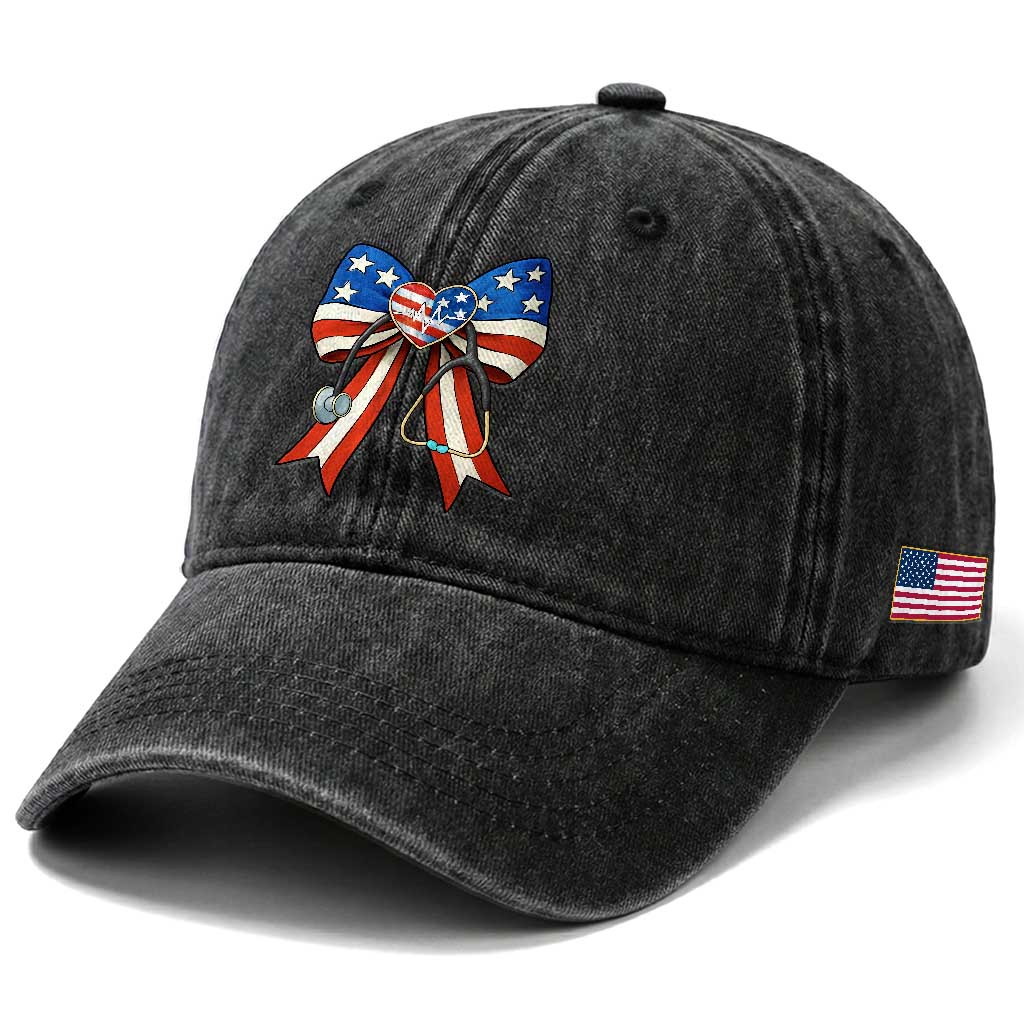 Funny 4th Of July Nurse American Flag Coquette Bow Washed Cotton Baseball Cap TS11 Print Your Wear