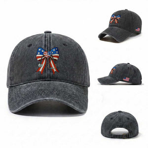 Funny 4th Of July Nurse American Flag Coquette Bow Washed Cotton Baseball Cap TS11 Washed Cap Universal Fit Dark Gray Print Your Wear