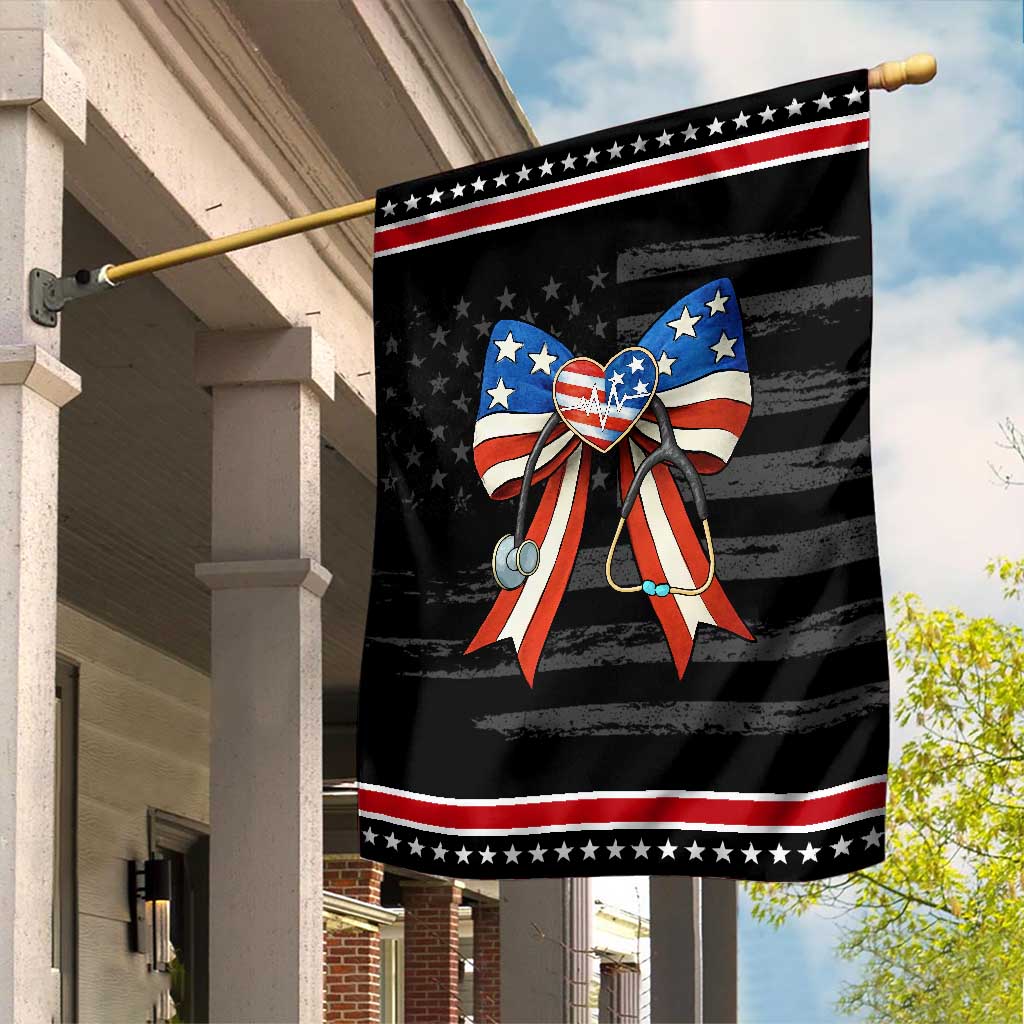 Funny 4th Of July Nurse American Flag Coquette Bow Garden Flag TS11 Distressed Black Red Print Your Wear