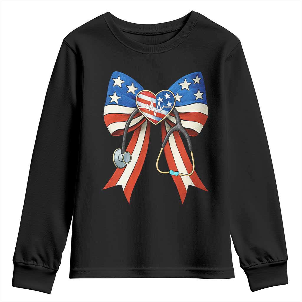 Funny 4th Of July Nurse American Flag Coquette Bow Youth Sweatshirt TS11 Black Print Your Wear