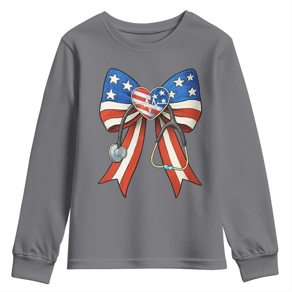 Funny 4th Of July Nurse American Flag Coquette Bow Youth Sweatshirt TS11 Charcoal Print Your Wear