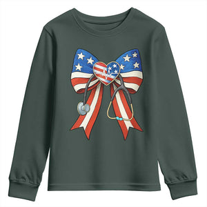 Funny 4th Of July Nurse American Flag Coquette Bow Youth Sweatshirt TS11 Dark Forest Green Print Your Wear