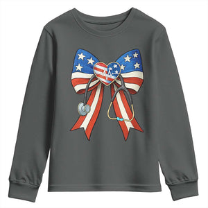 Funny 4th Of July Nurse American Flag Coquette Bow Youth Sweatshirt TS11 Dark Heather Print Your Wear