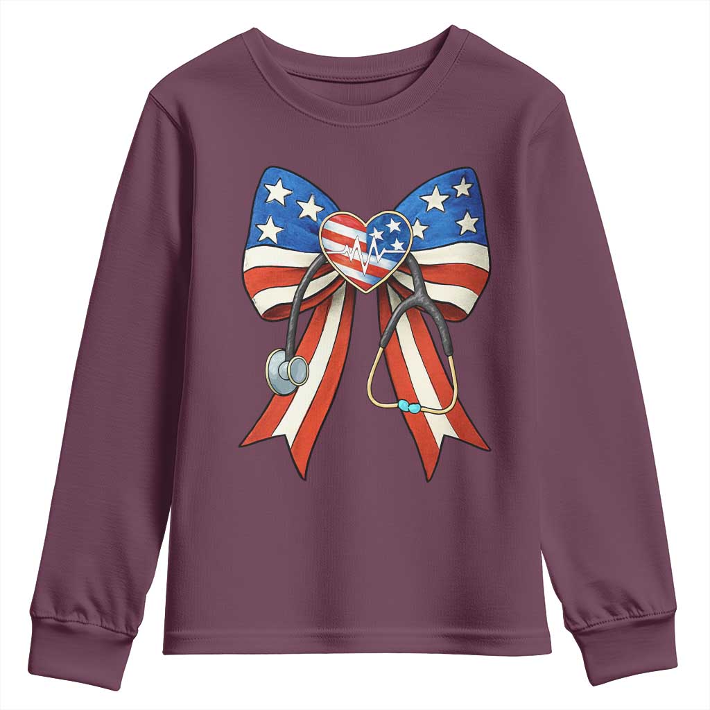 Funny 4th Of July Nurse American Flag Coquette Bow Youth Sweatshirt TS11 Maroon Print Your Wear
