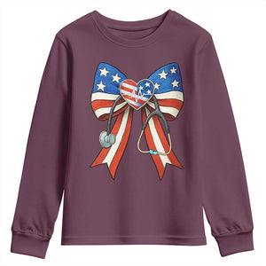 Funny 4th Of July Nurse American Flag Coquette Bow Youth Sweatshirt TS11 Maroon Print Your Wear