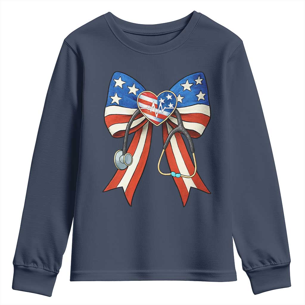 Funny 4th Of July Nurse American Flag Coquette Bow Youth Sweatshirt TS11 Navy Print Your Wear