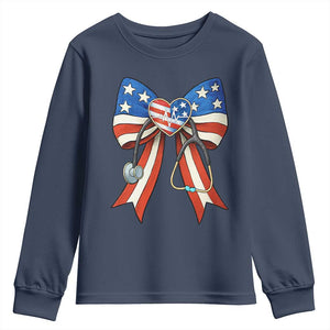 Funny 4th Of July Nurse American Flag Coquette Bow Youth Sweatshirt TS11 Navy Print Your Wear