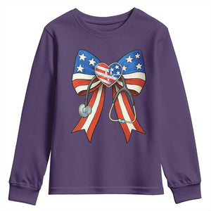 Funny 4th Of July Nurse American Flag Coquette Bow Youth Sweatshirt TS11 Purple Print Your Wear
