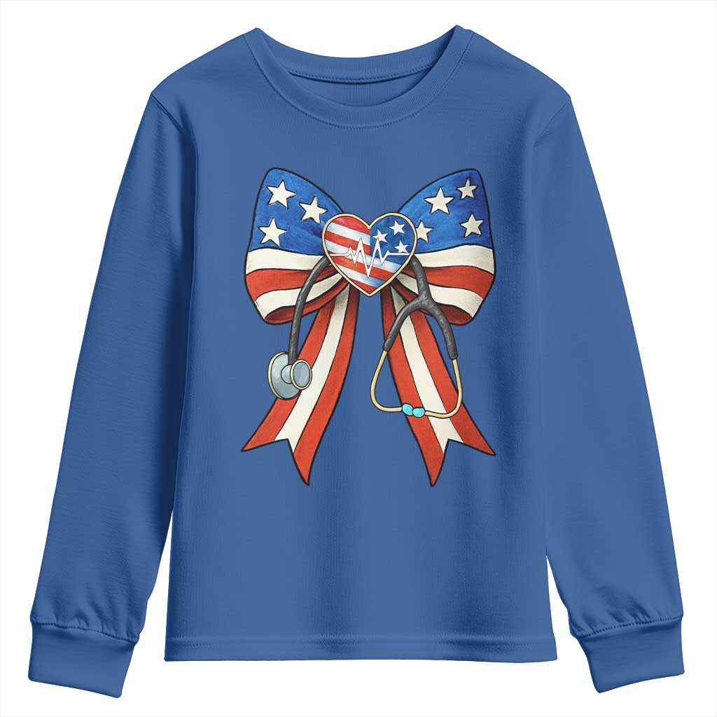 Funny 4th Of July Nurse American Flag Coquette Bow Youth Sweatshirt TS11 Royal Blue Print Your Wear