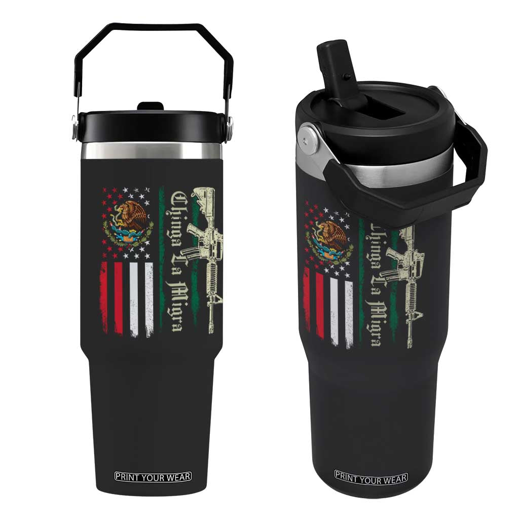 Funny Chinga La Migra Flip Straw Tumbler Gun Vintage Mexican Flag TS11 One Size: 30 oz Black Print Your Wear