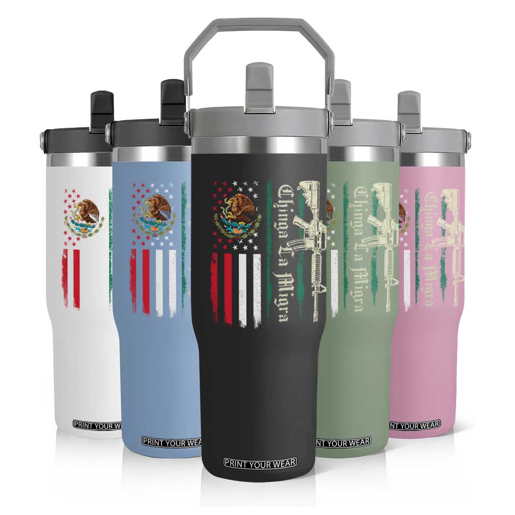Funny Chinga La Migra Flip Straw Tumbler Gun Vintage Mexican Flag TS11 Print Your Wear