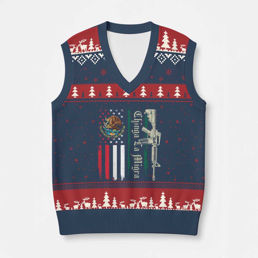 Funny Chinga La Migra V-Neck Knit Sweater Vest Gun Vintage Mexican Flag TS11 Navy Red Print Your Wear
