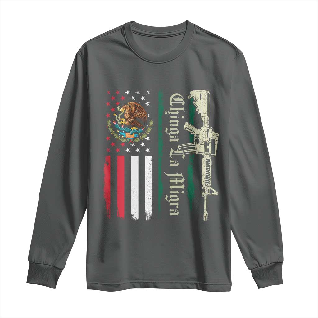 Funny Chinga La Migra Long Sleeve Shirt Gun Vintage Mexican Flag TS11 Dark Heather Print Your Wear