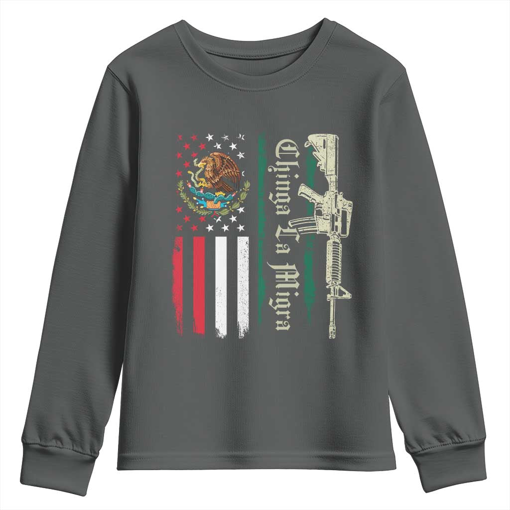 Funny Chinga La Migra Youth Sweatshirt Gun Vintage Mexican Flag TS11 Dark Heather Print Your Wear